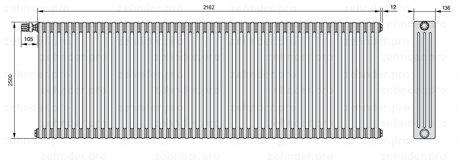 Схема (чертеж) Радиатор Zehnder Charleston 4250/47 №V012 Белый глянцевый RAL 9016
